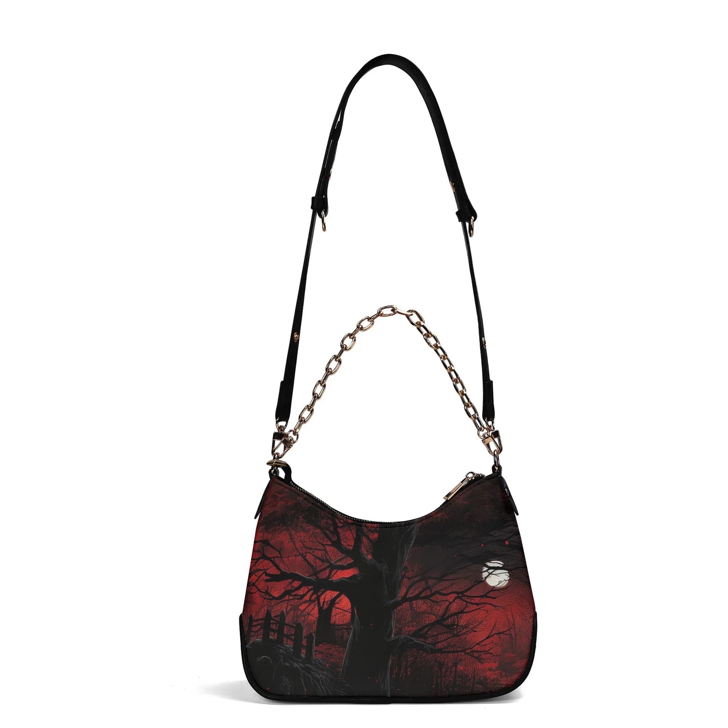 Midnight Red Leather Hand Bag With Chain