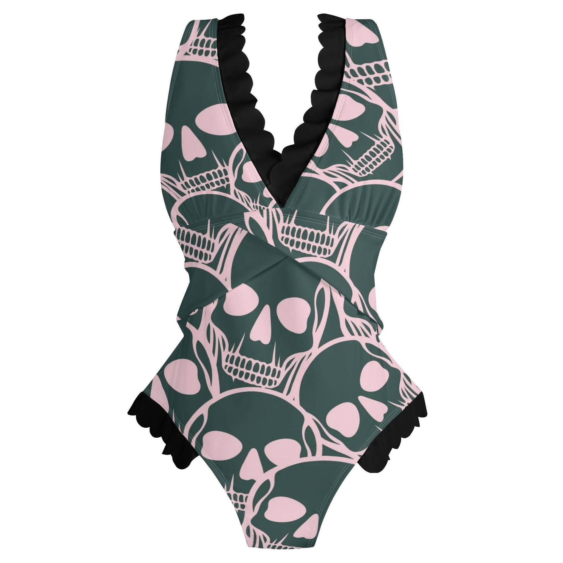 Pink Skulls Ruffle Edge Cross-Front One Piece Swimsuit