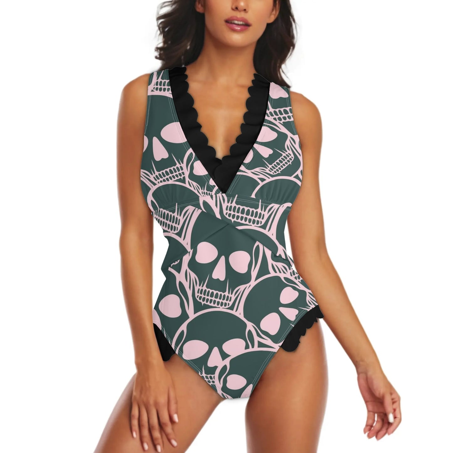 Pink Skulls Ruffle Edge Cross-Front One Piece Swimsuit