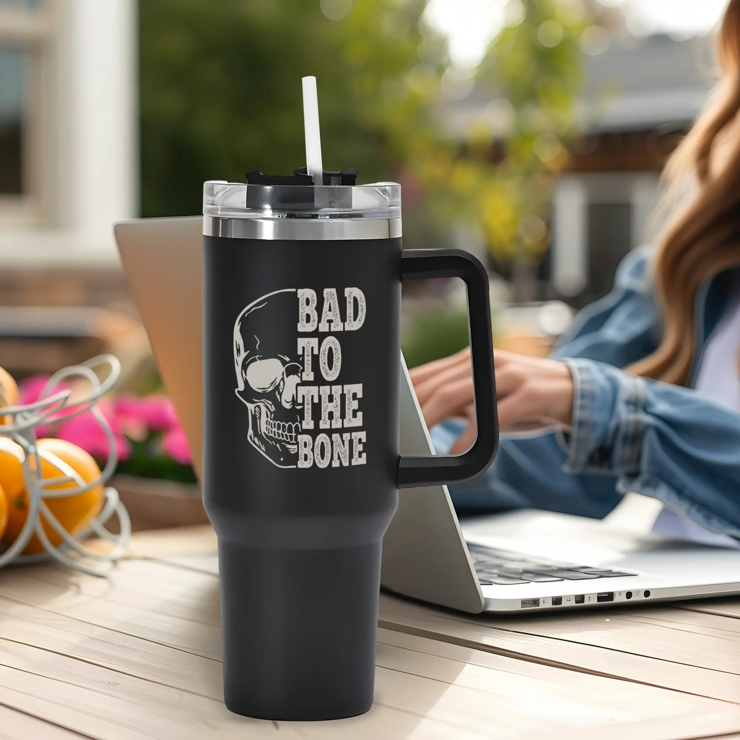 Bad To The Bone 40oz Tumbler with Handle and Straw