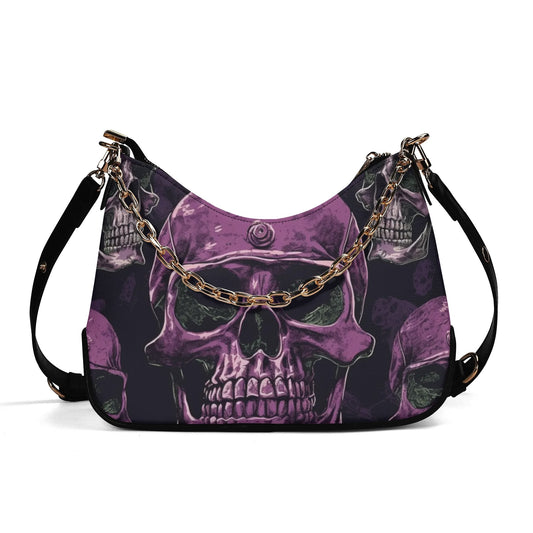 Purple Skull Leather Hand Bag With Chain