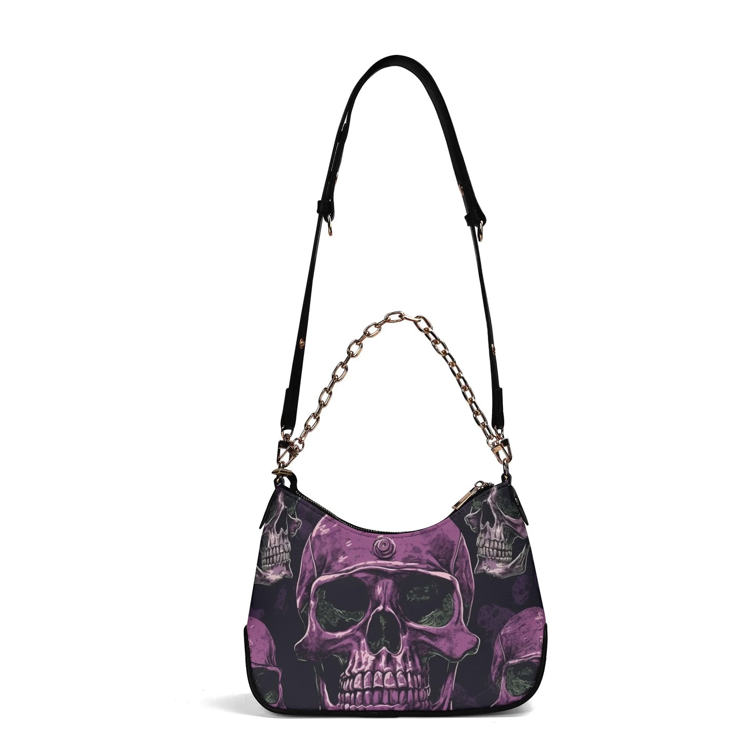 Purple Skull Leather Hand Bag With Chain