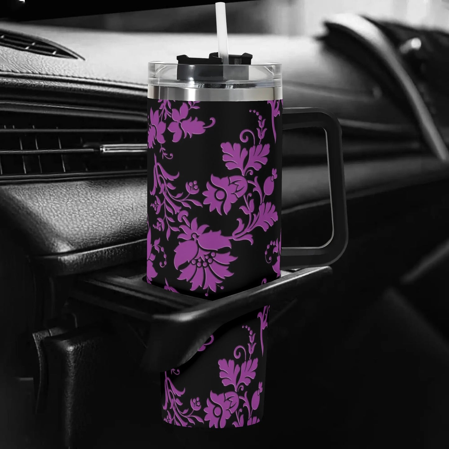 Purple Flowers 40 Oz Tumbler With Handle