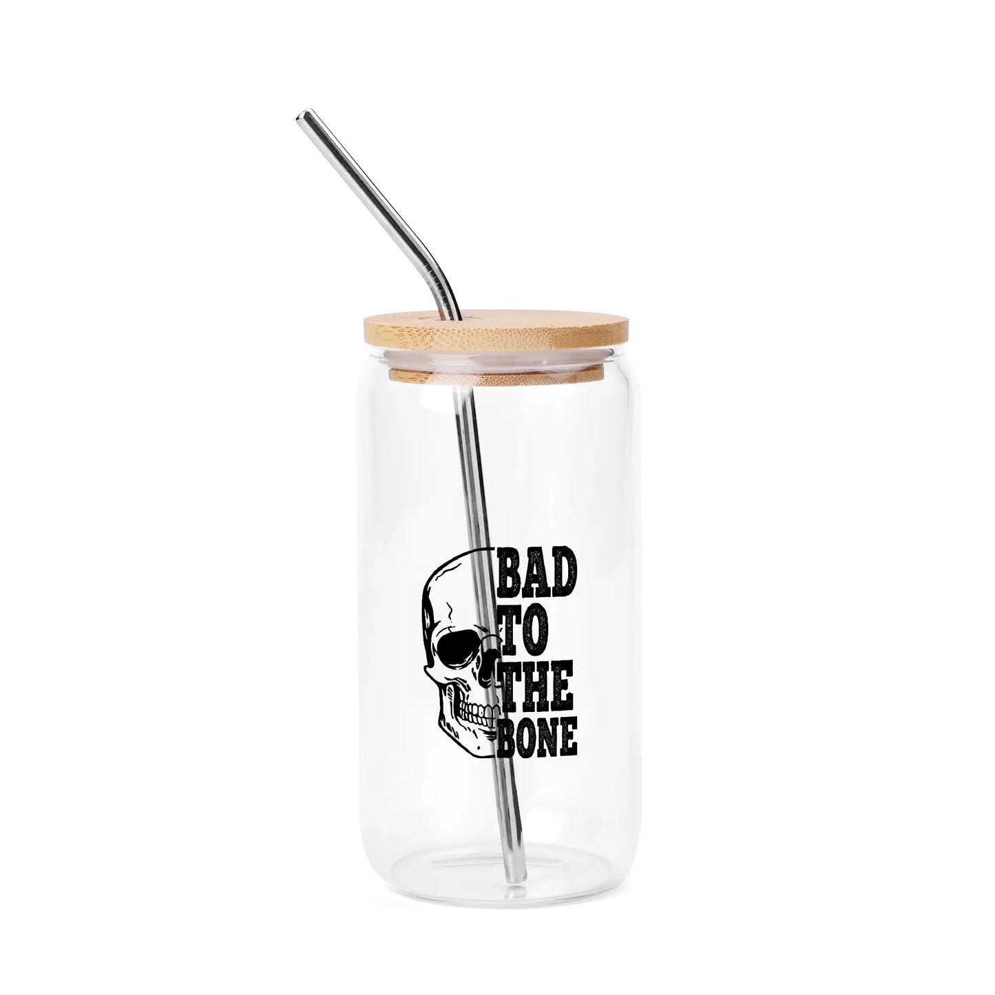 Bad To The Bone Bamboo Lid 16oz Glass Cups with Straw