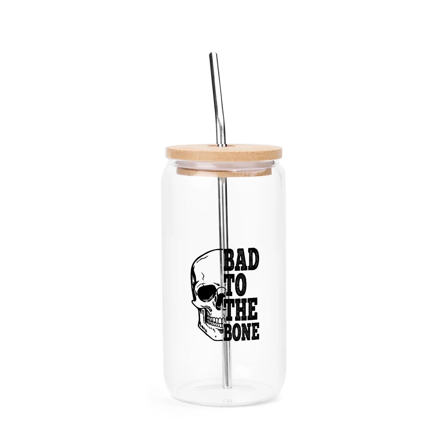 Bad To The Bone Bamboo Lid 16oz Glass Cups with Straw