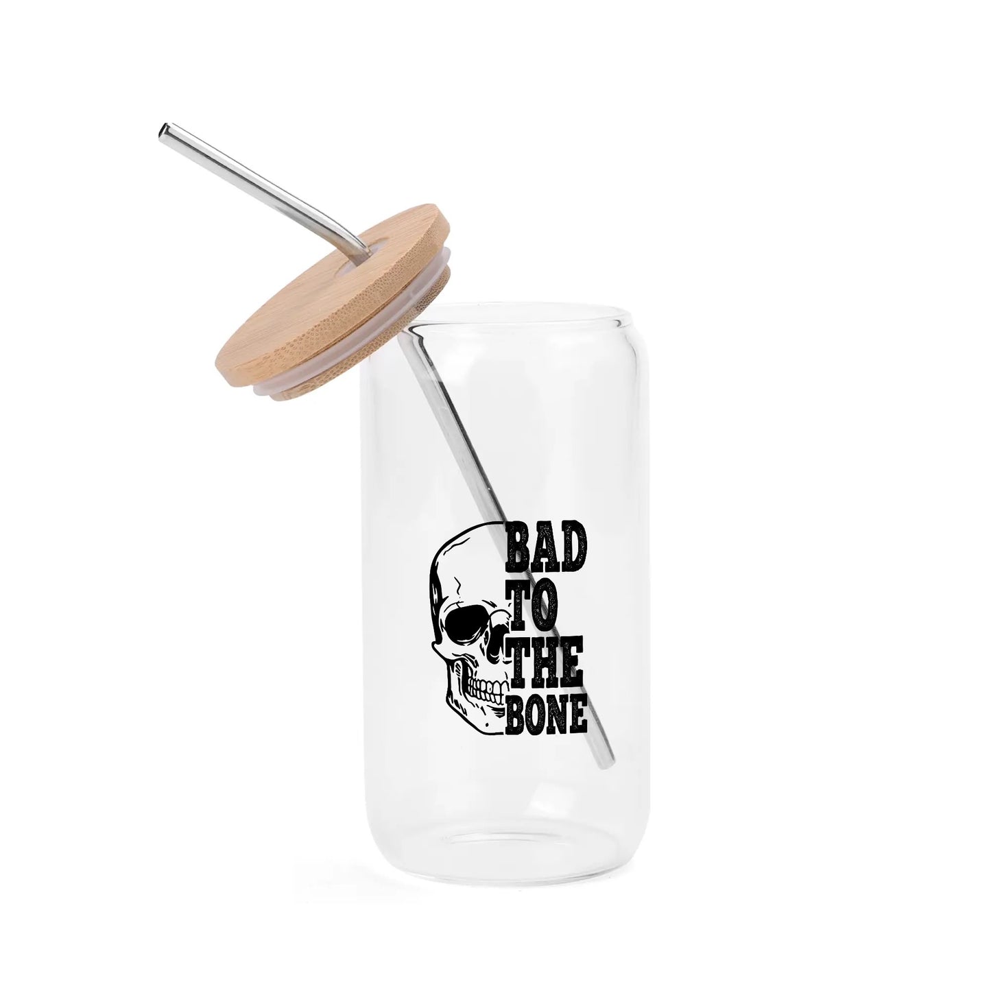 Bad To The Bone Bamboo Lid 16oz Glass Cups with Straw