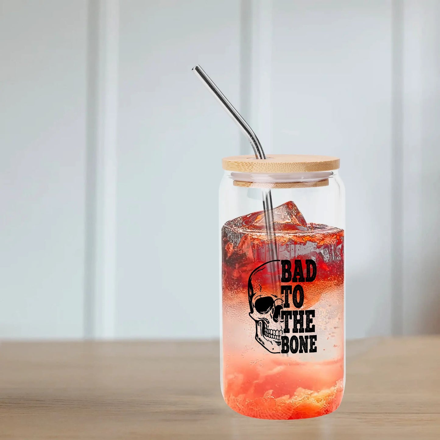 Bad To The Bone Bamboo Lid 16oz Glass Cups with Straw