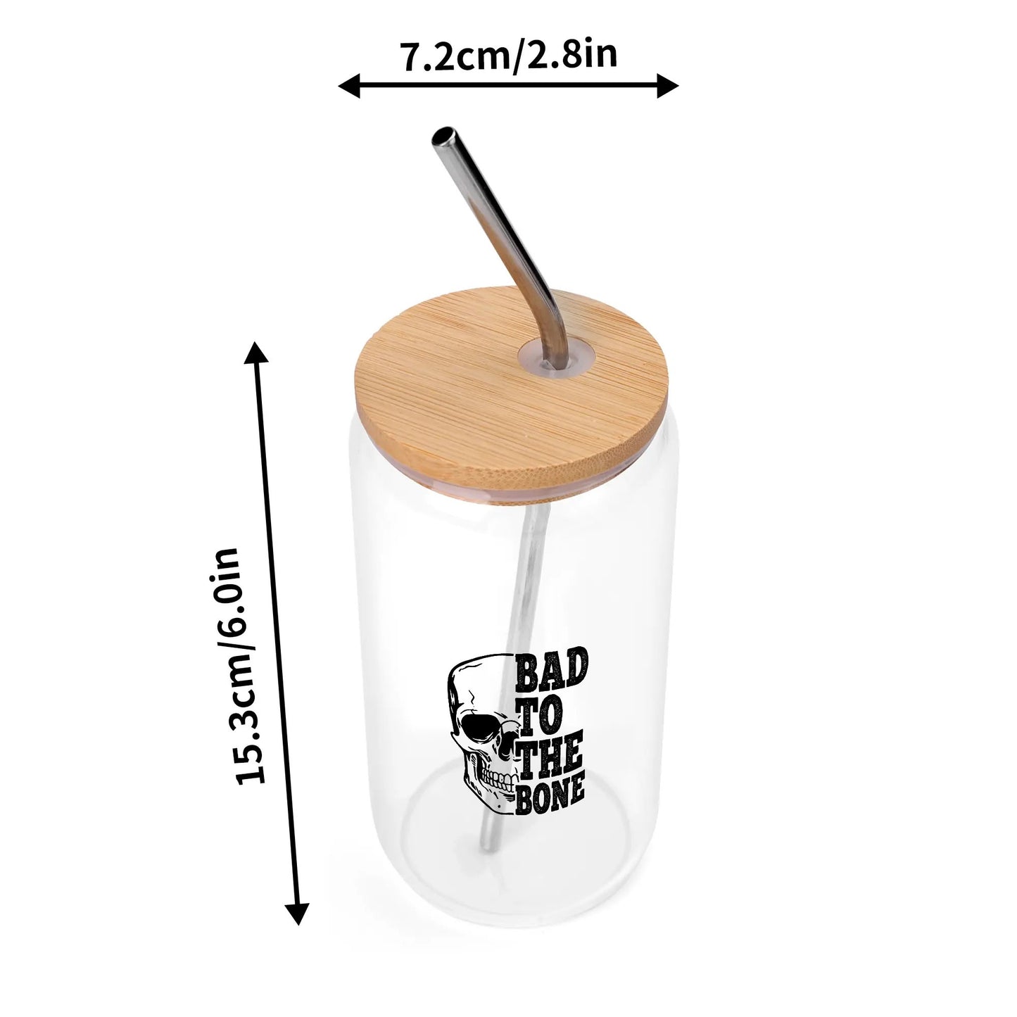 Bad To The Bone Bamboo Lid 16oz Glass Cups with Straw