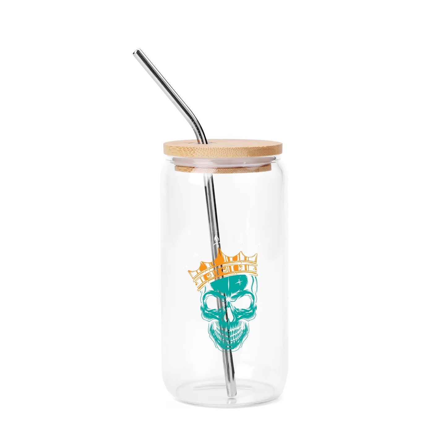 Crowned Skull Bamboo Lid 16oz Glass Cups with Straw