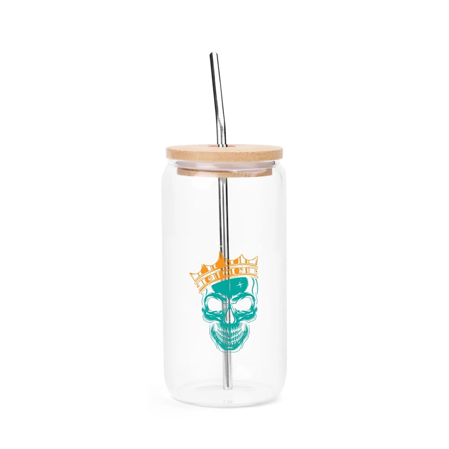 Crowned Skull Bamboo Lid 16oz Glass Cups with Straw