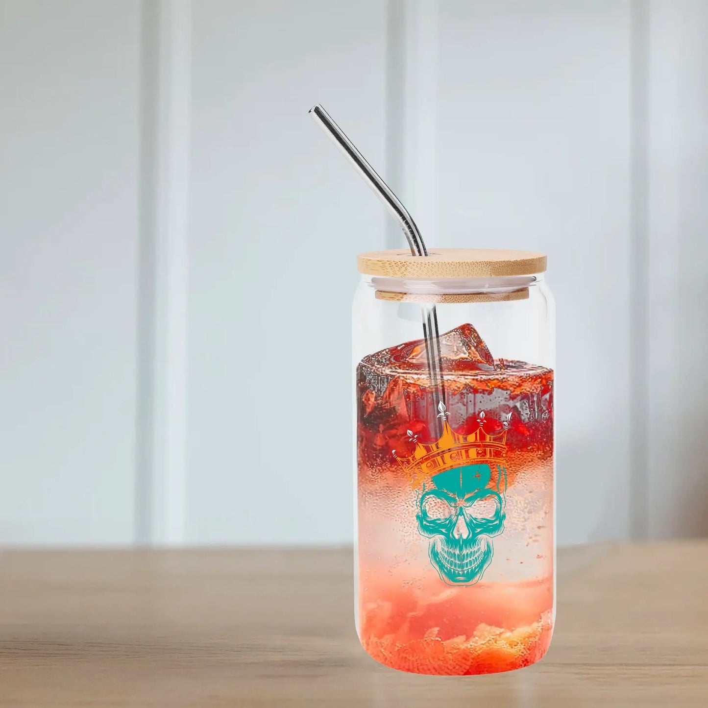 Crowned Skull Bamboo Lid 16oz Glass Cups with Straw