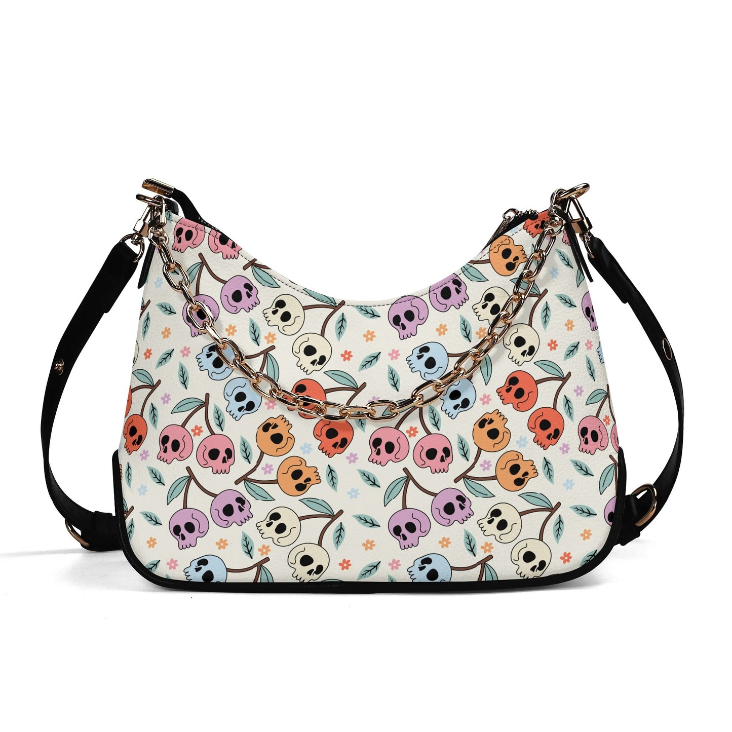 Colorful Cherry Skulls Leather Hand Bag With Chain