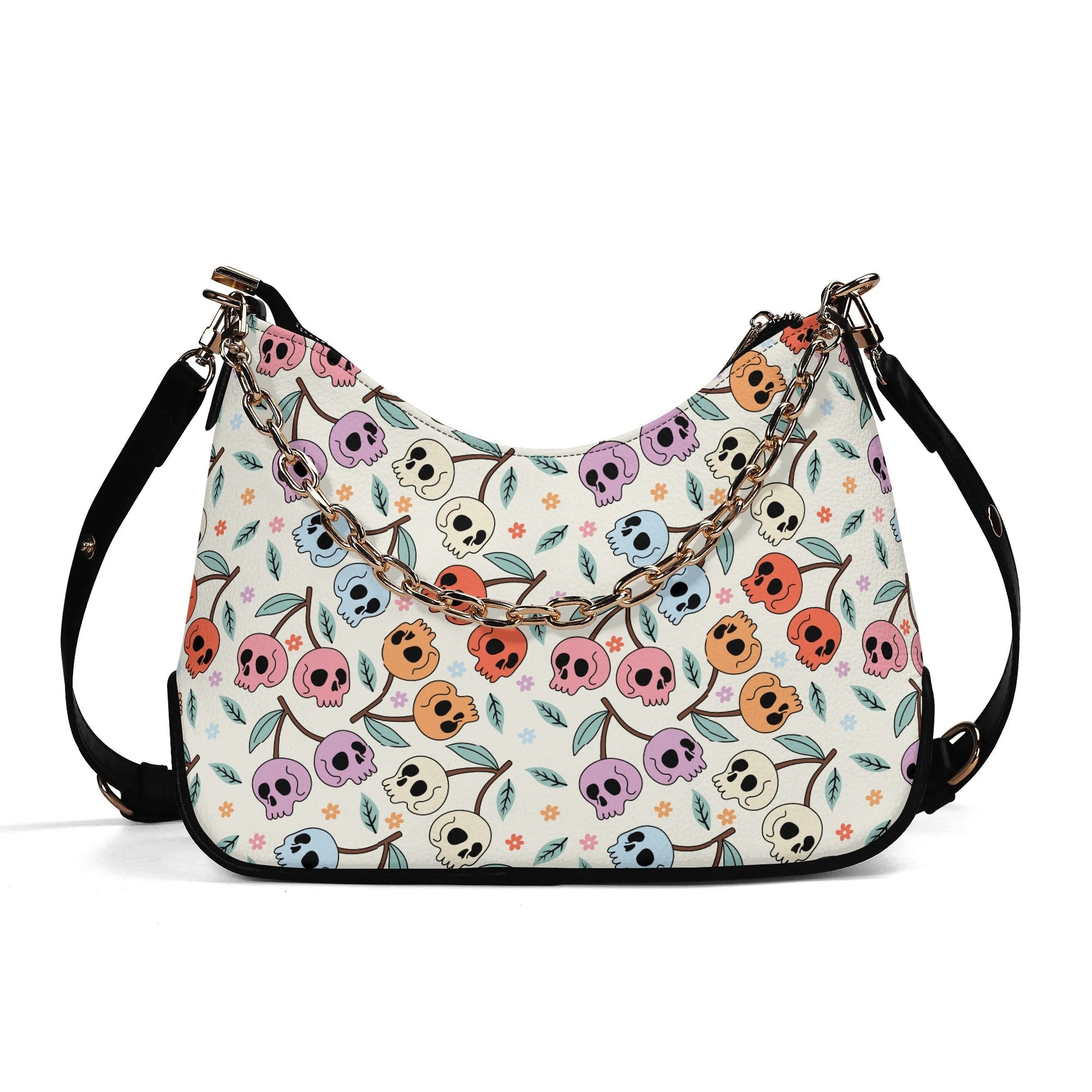 Colorful Cherry Skulls Leather Hand Bag With Chain