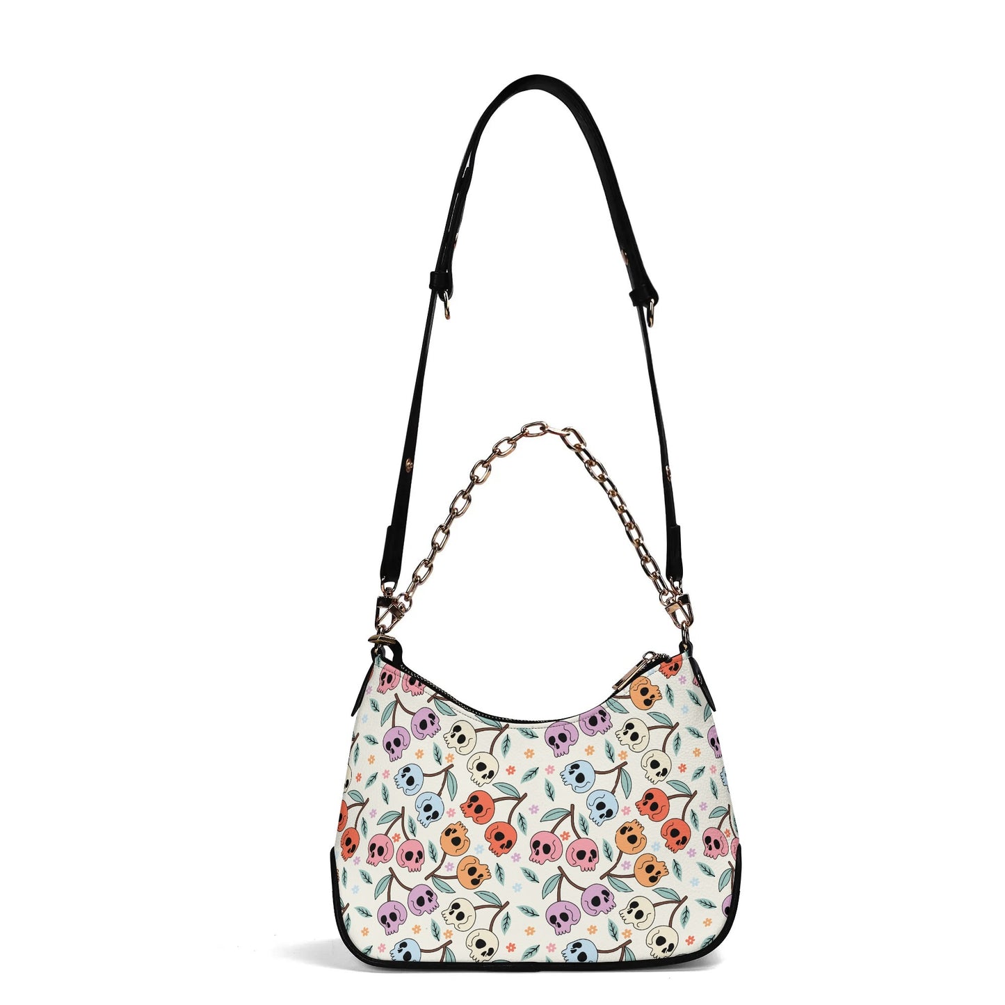 Colorful Cherry Skulls Leather Hand Bag With Chain