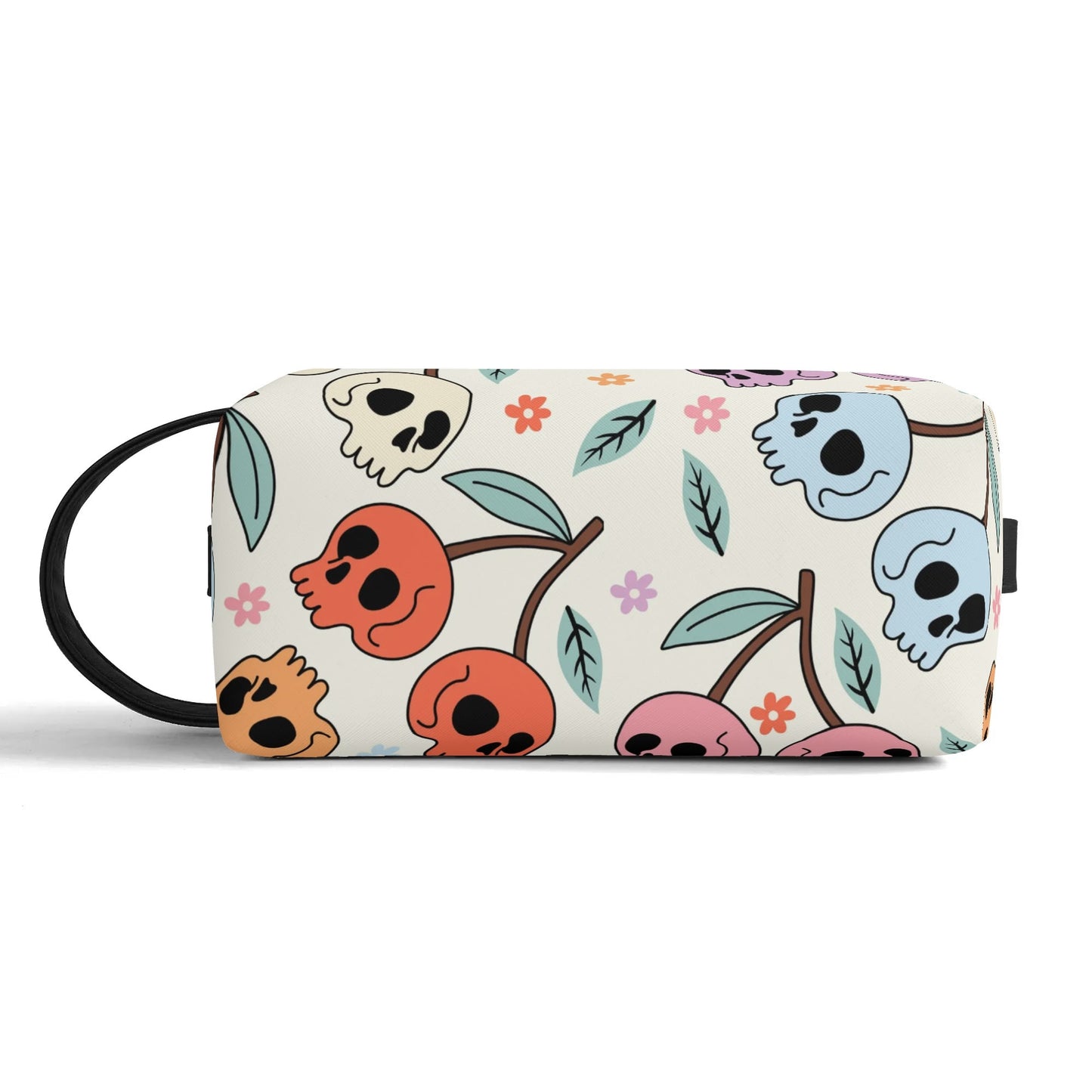 Colorful Cherry Skulls Leather Toiletries Bag