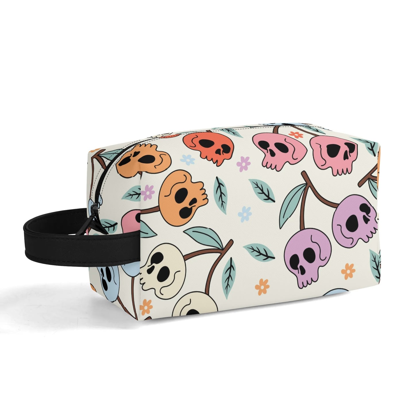 Colorful Cherry Skulls Leather Toiletries Bag