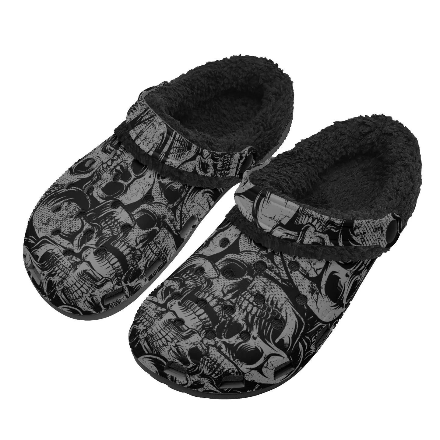 Silver Skulls Black Fleece Slippers