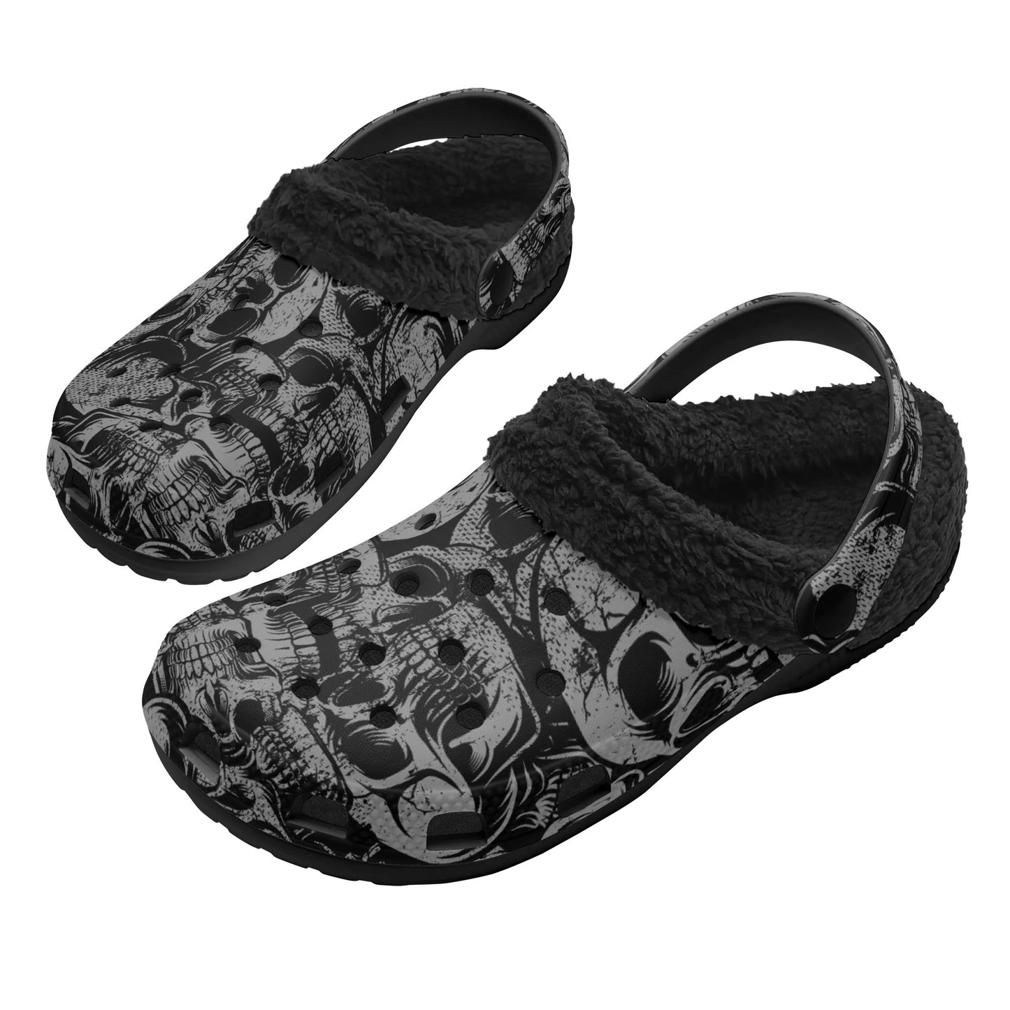 Silver Skulls Black Fleece Slippers