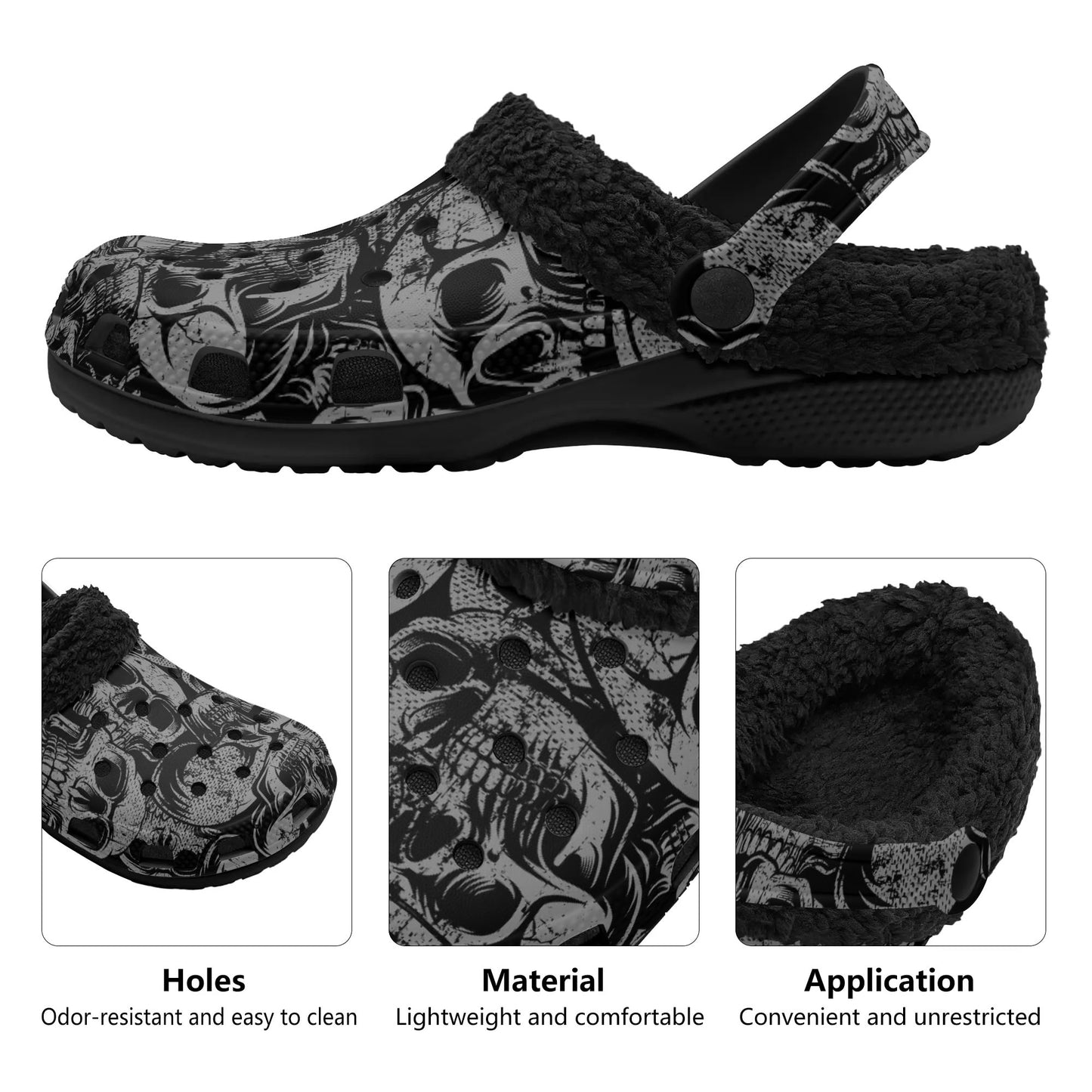 Silver Skulls Black Fleece Slippers