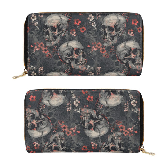 Skulls And Flowers Leather Zipper Purse