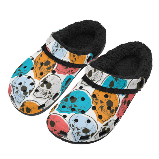 Colorful Skulls Black Fleece Slippers