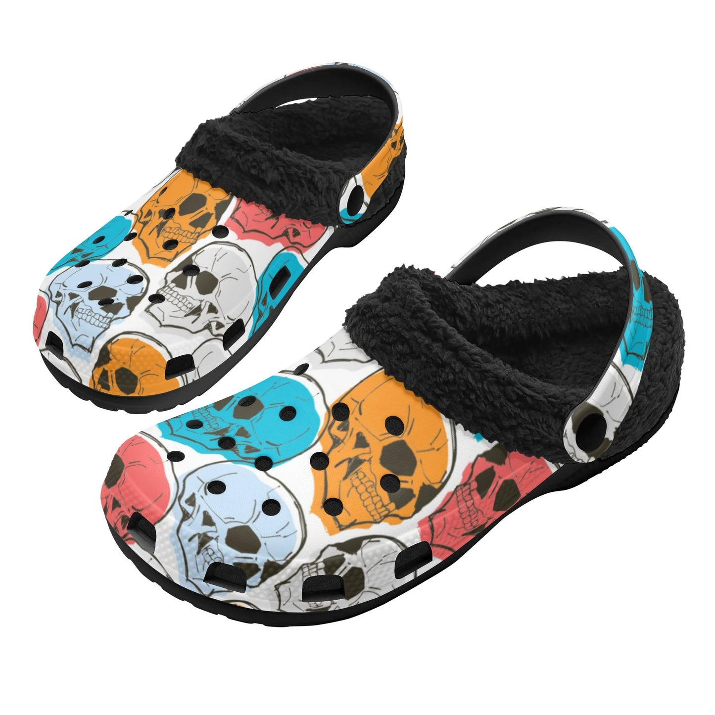 Colorful Skulls Black Fleece Slippers