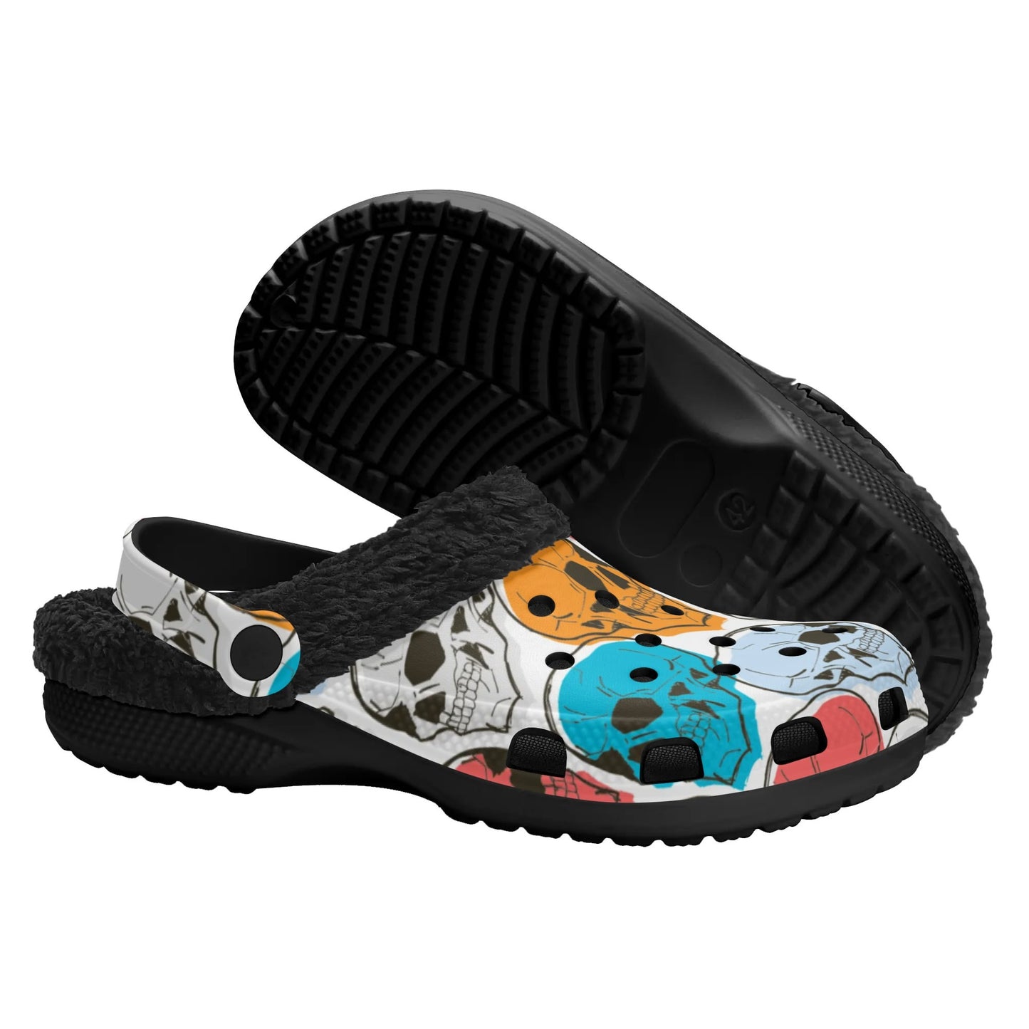 Colorful Skulls Black Fleece Slippers