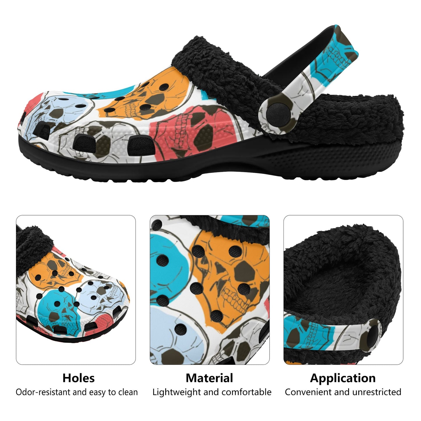 Colorful Skulls Black Fleece Slippers