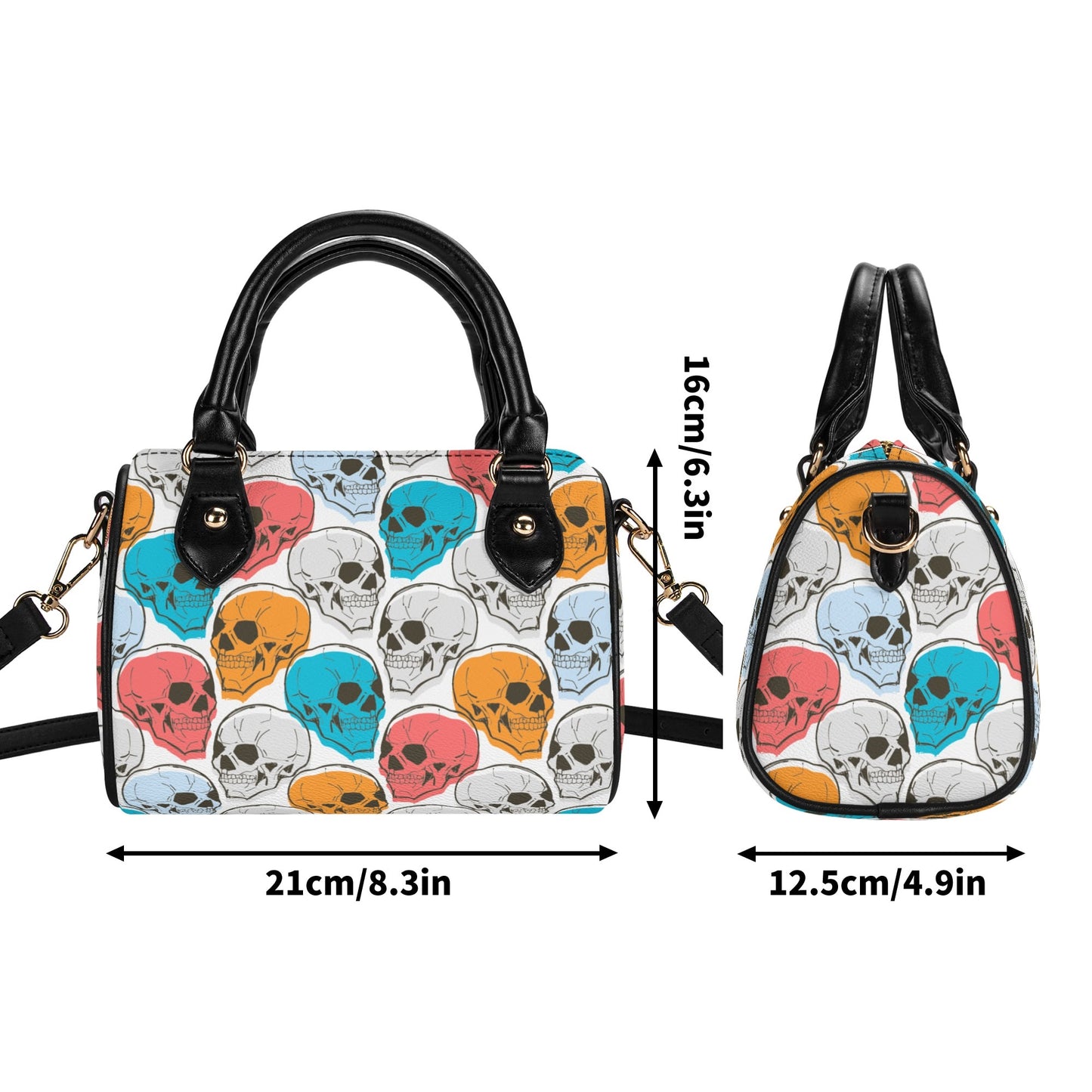 Colorful Skulls Leather Mini Boston Handbag