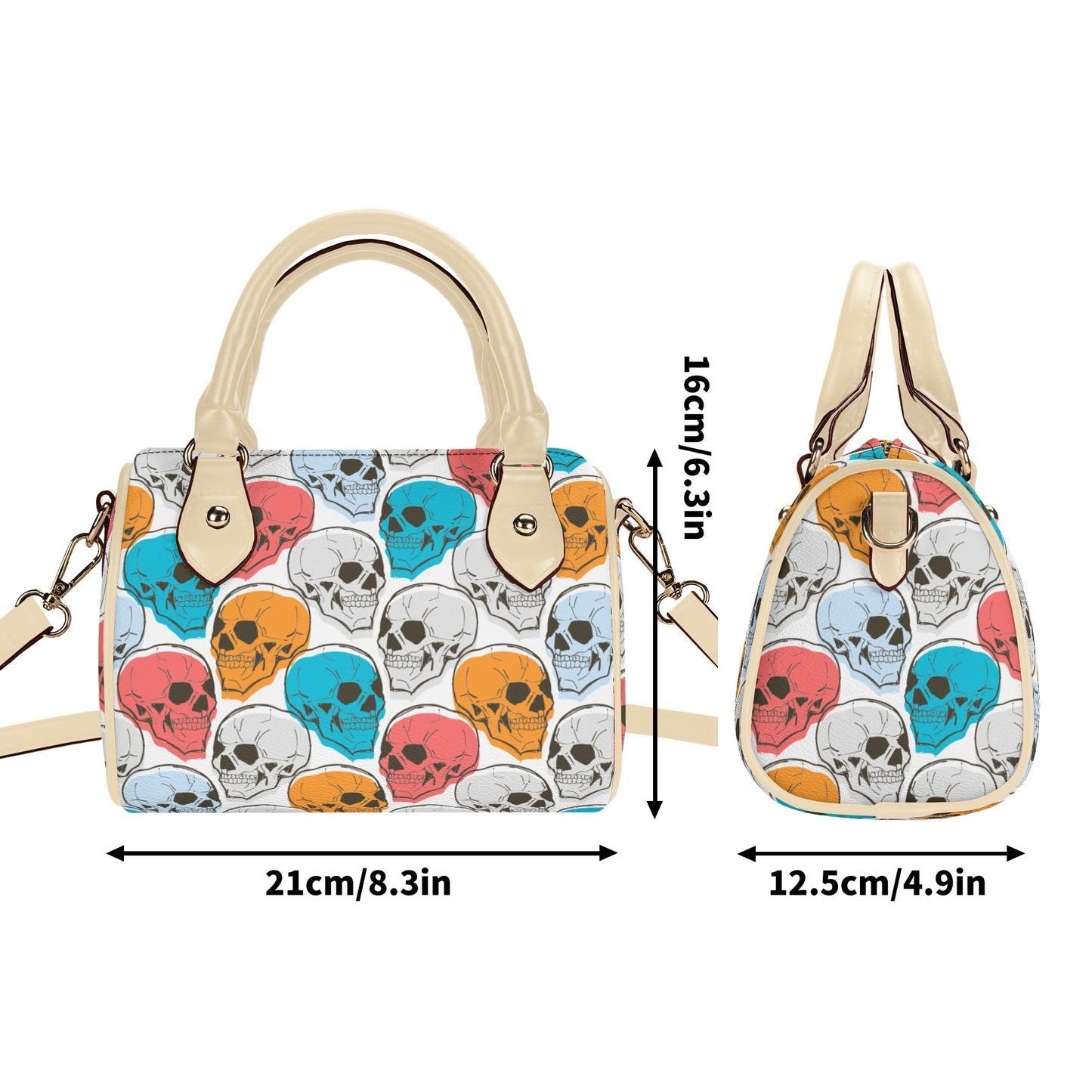 Colorful Skulls Leather Mini Boston Handbag