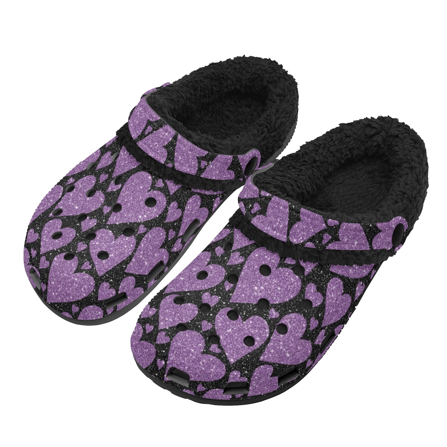 Sparkling Purple Hearts Fleece Slippers