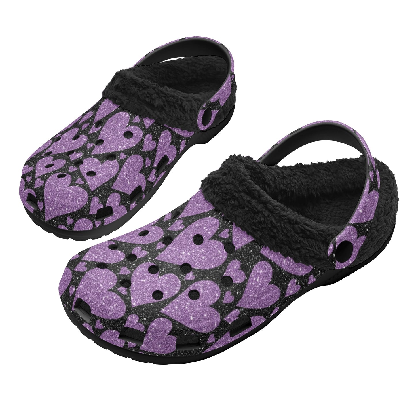 Sparkling Purple Hearts Fleece Slippers