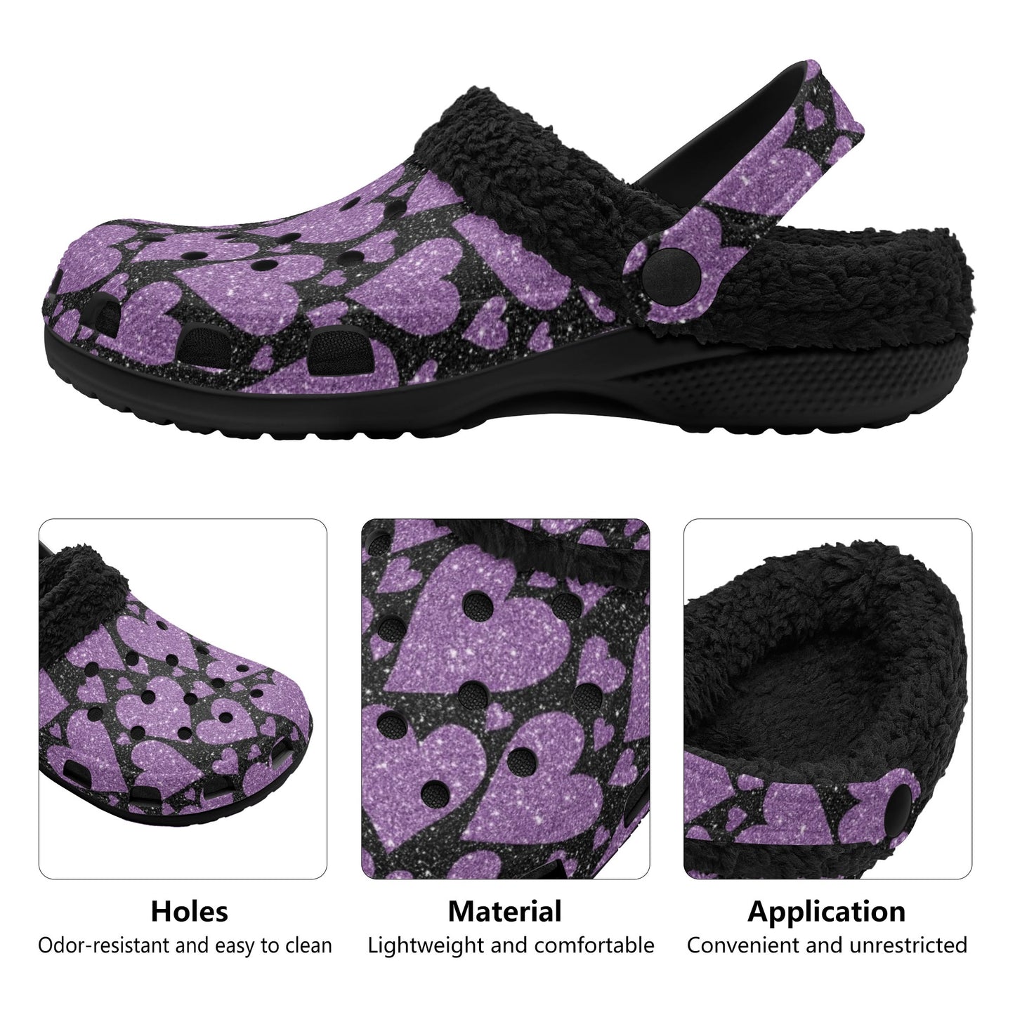 Sparkling Purple Hearts Fleece Slippers