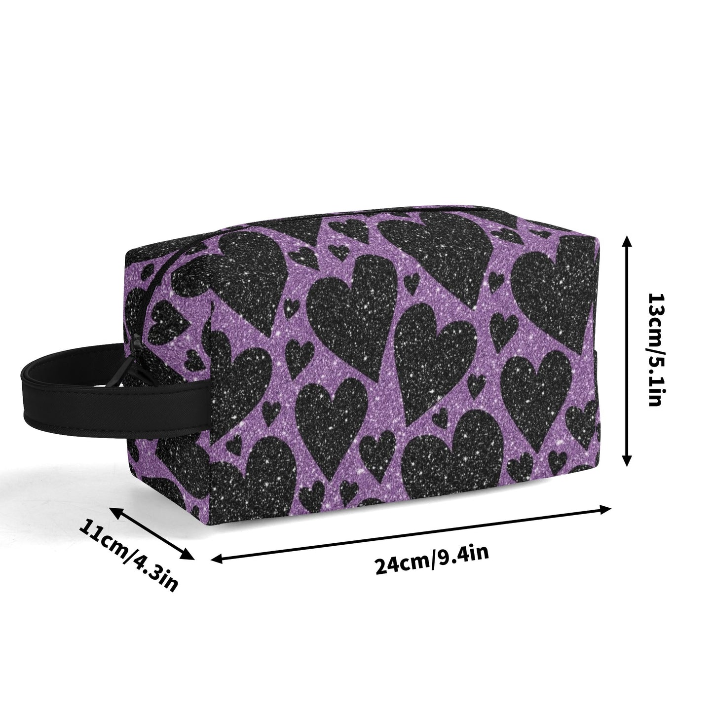 Sparkling Black Hearts Leather Toiletries Bag