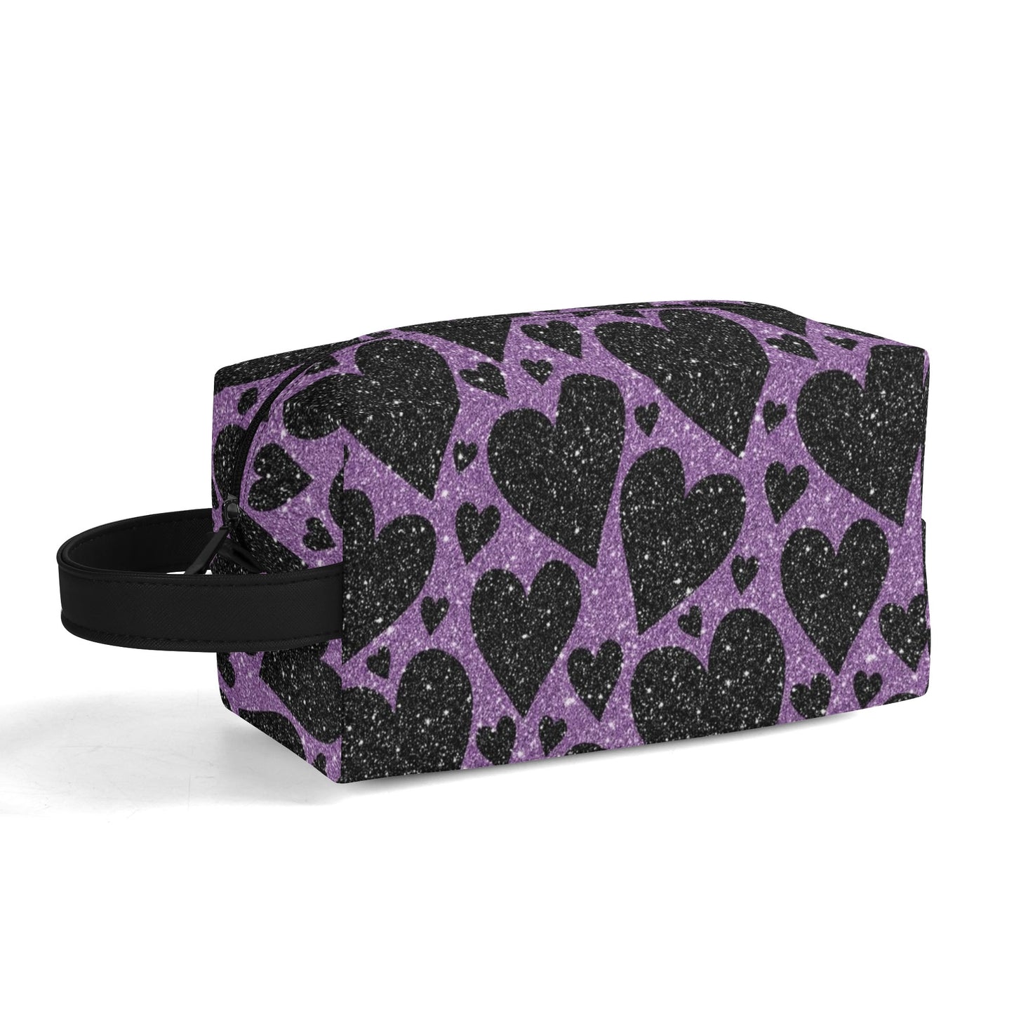 Sparkling Black Hearts Leather Toiletries Bag