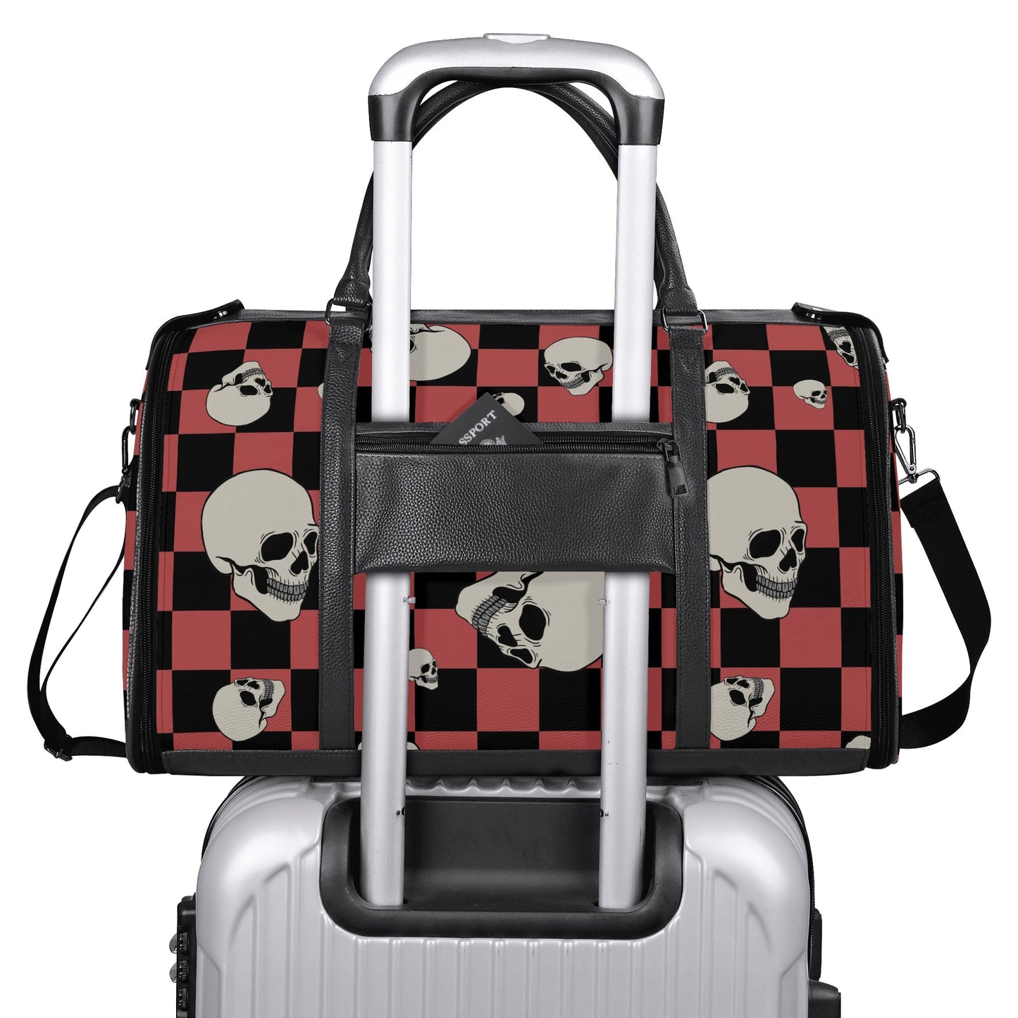 Skulls And Checkers Foldable Leather Duffle Bag