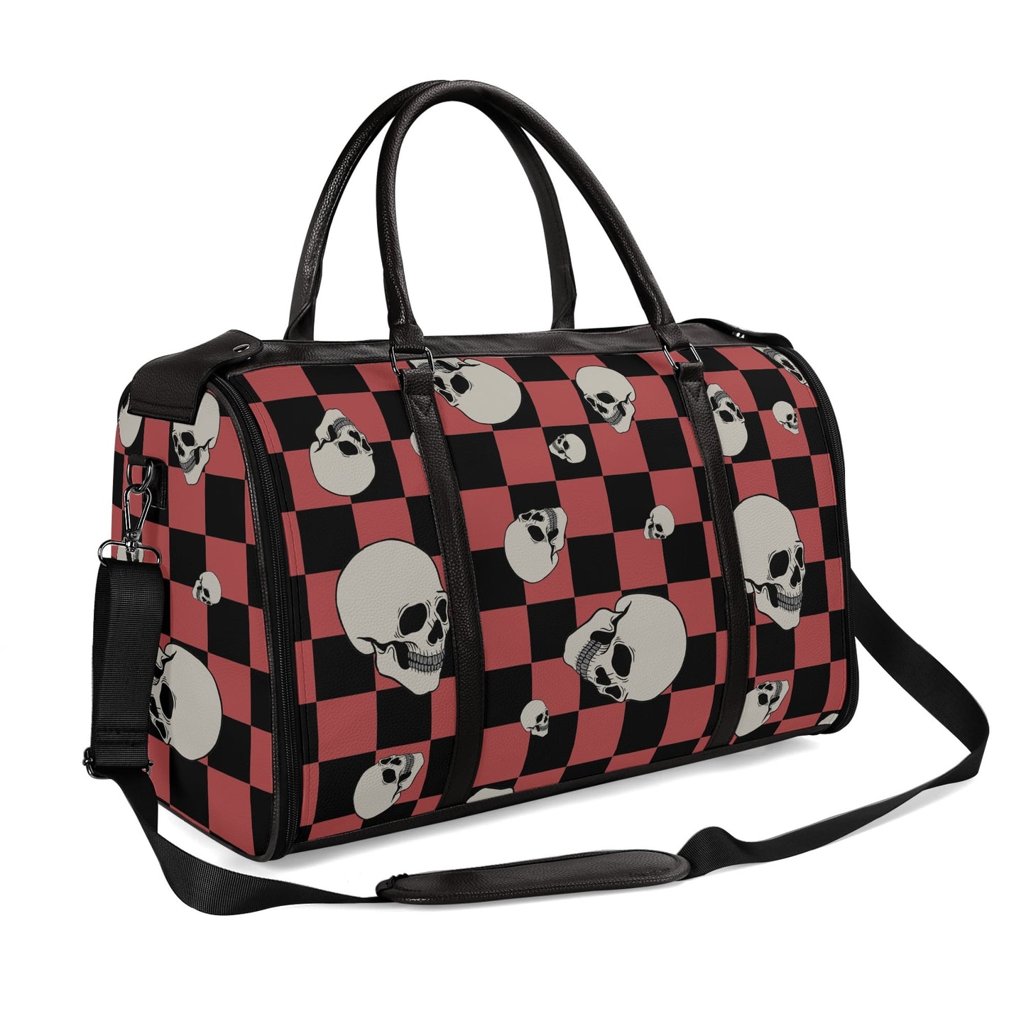 Skulls And Checkers Foldable Leather Duffle Bag