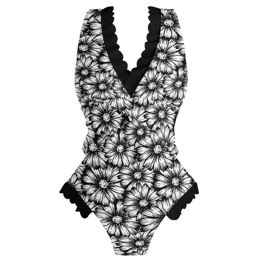 Black Sunflowers Ruffle Edge Cross-Front One Piece Swimsuit