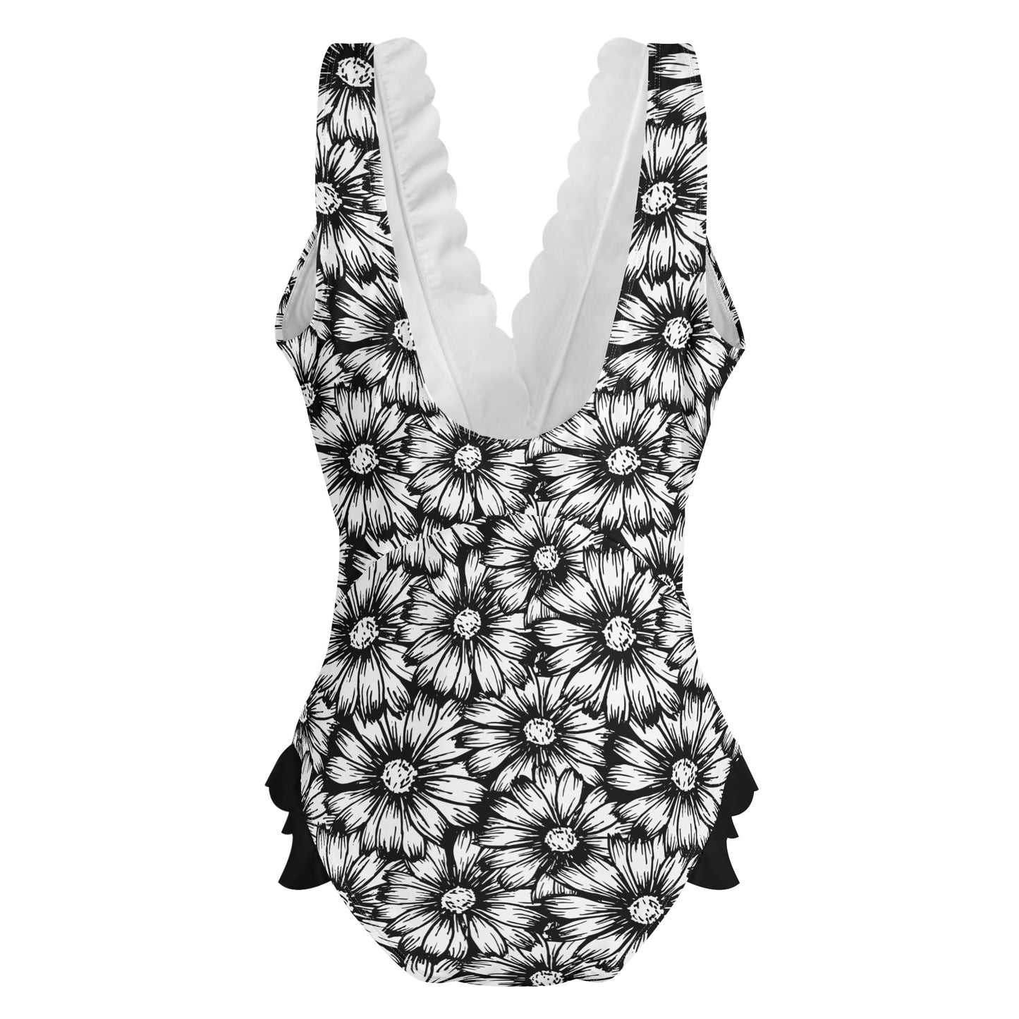 Black Sunflowers Ruffle Edge Cross-Front One Piece Swimsuit