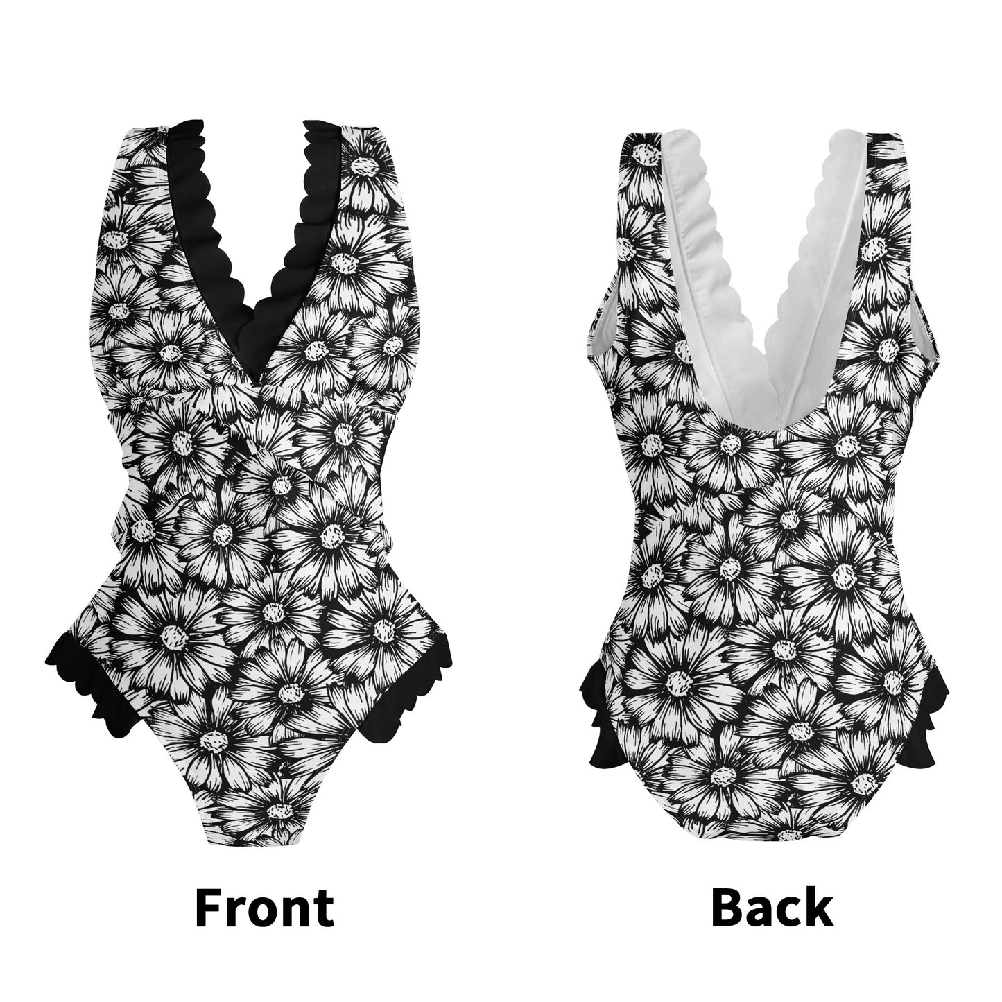 Black Sunflowers Ruffle Edge Cross-Front One Piece Swimsuit