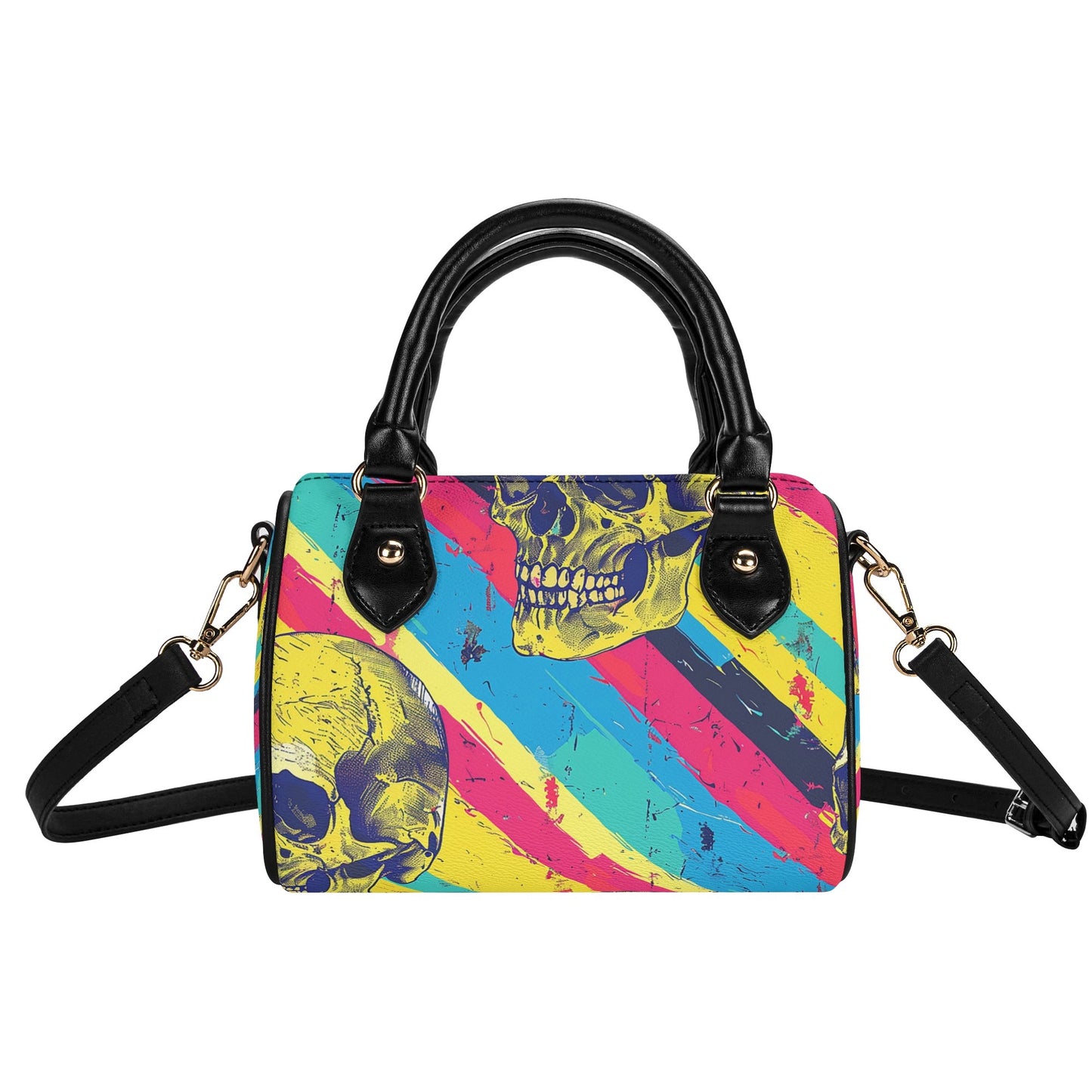 Stripes And Skulls Leather Mini Boston Handbag