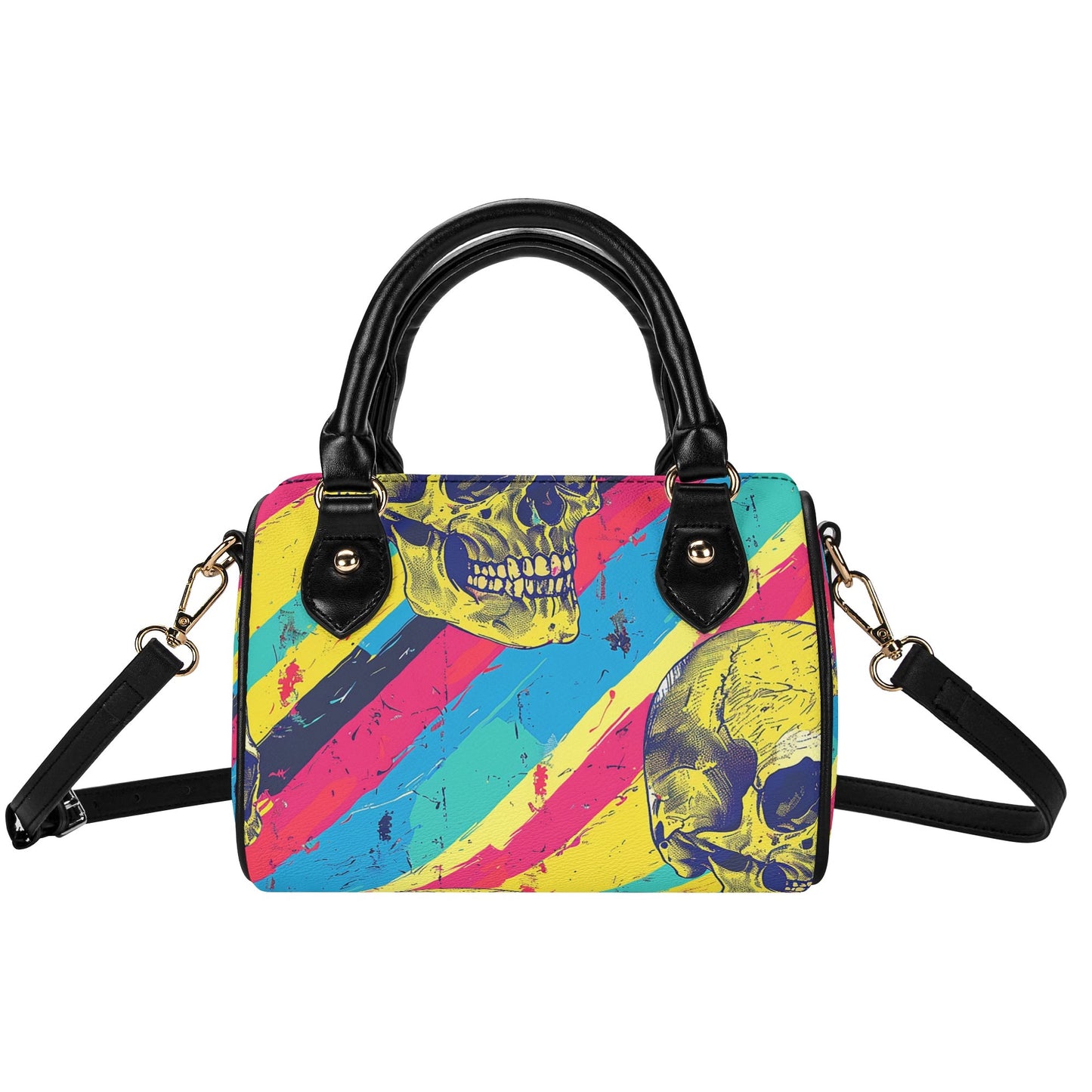 Stripes And Skulls Leather Mini Boston Handbag