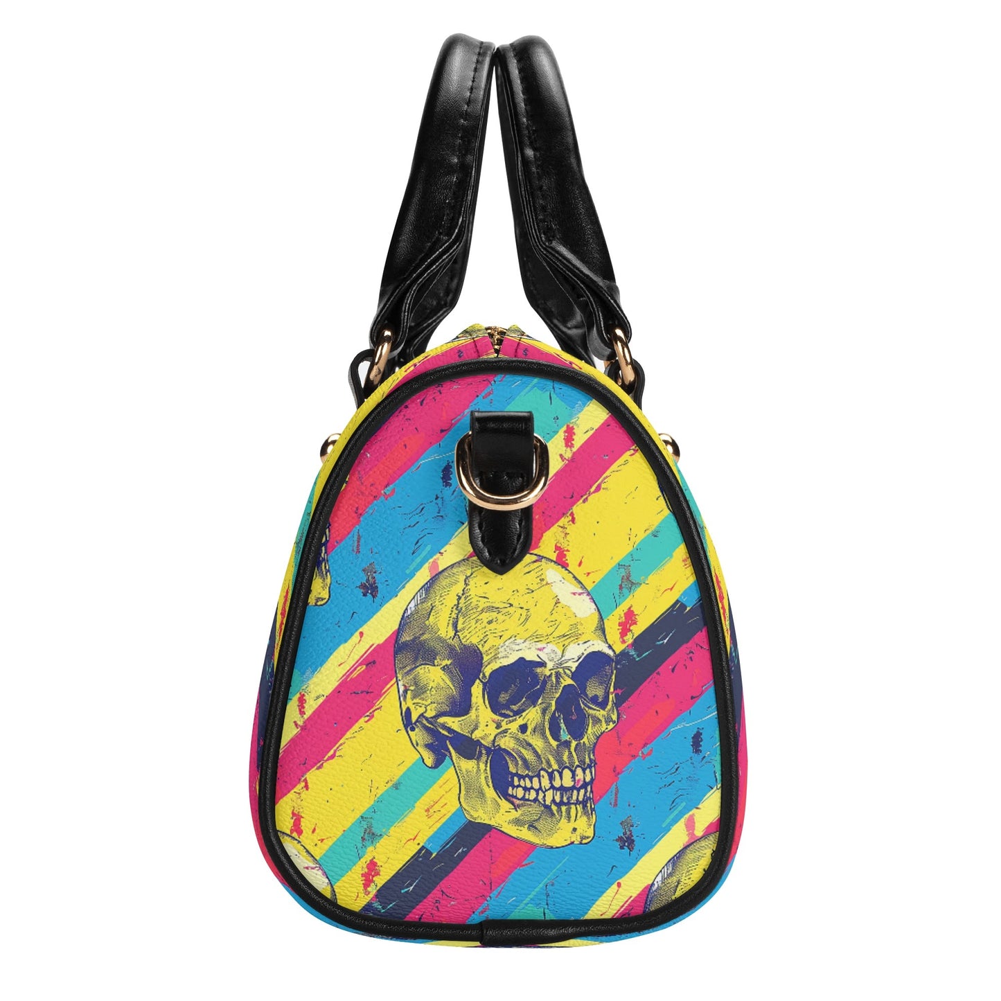 Stripes And Skulls Leather Mini Boston Handbag