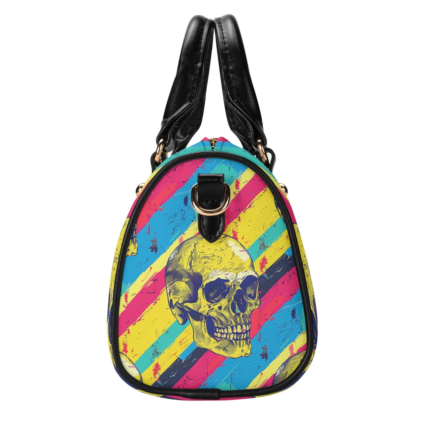 Stripes And Skulls Leather Mini Boston Handbag