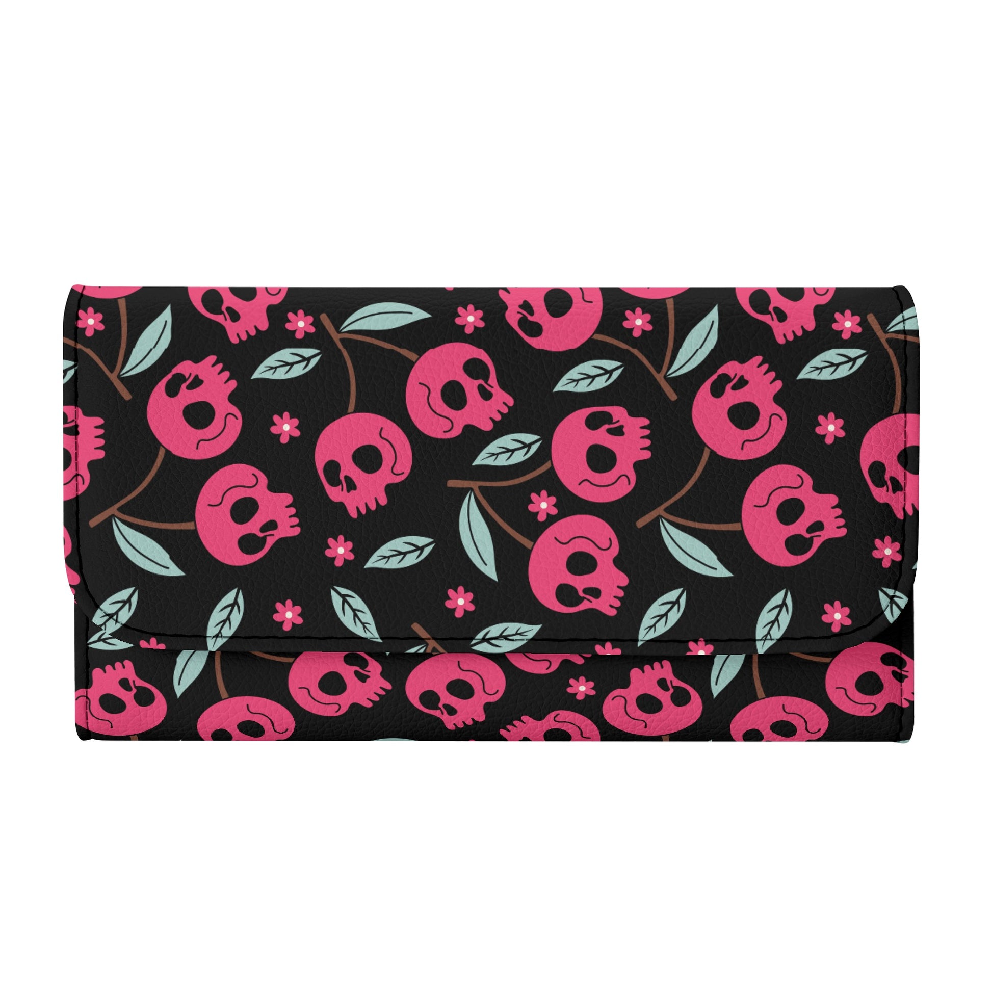 Cherry Skulls Trifold Leather Clutch Wallet