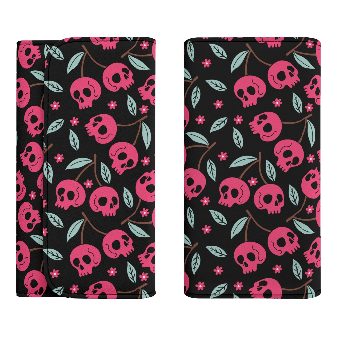 Cherry Skulls Trifold Leather Clutch Wallet