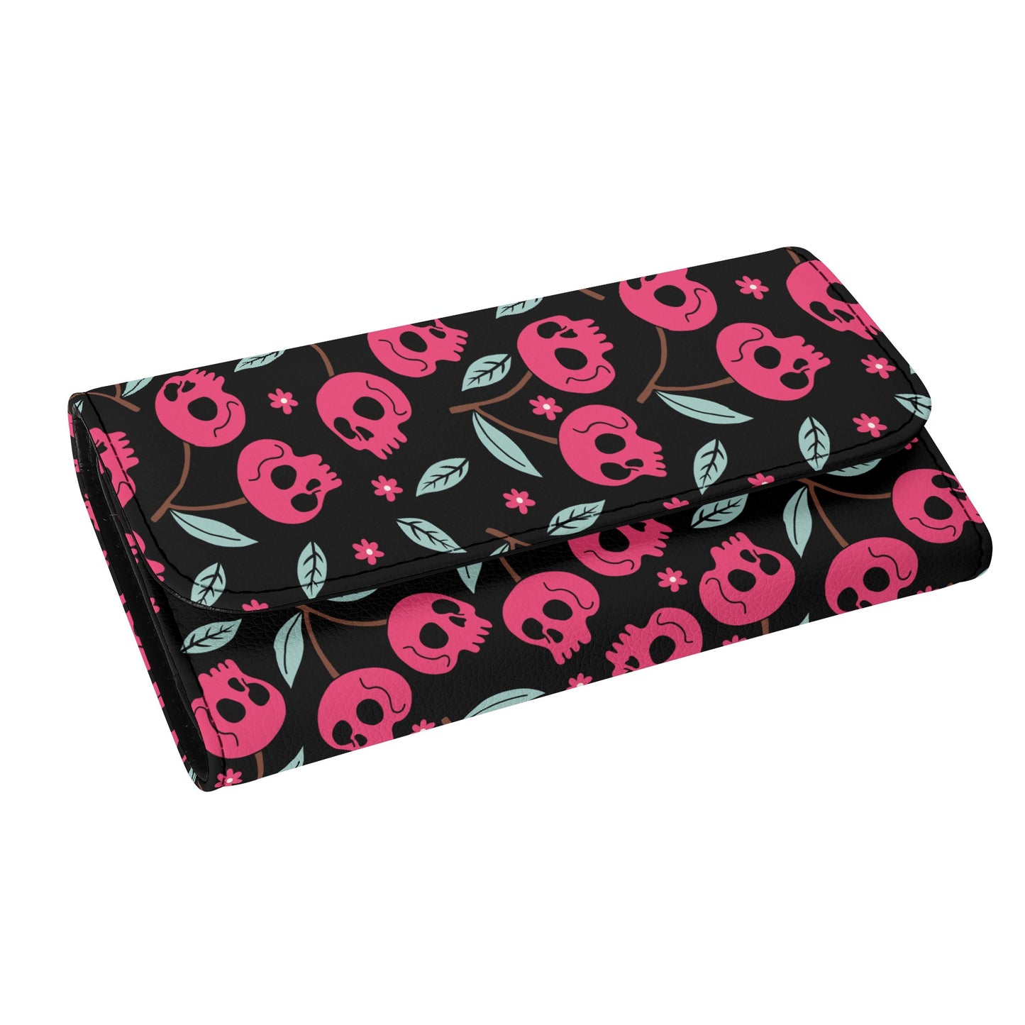 Cherry Skulls Trifold Leather Clutch Wallet