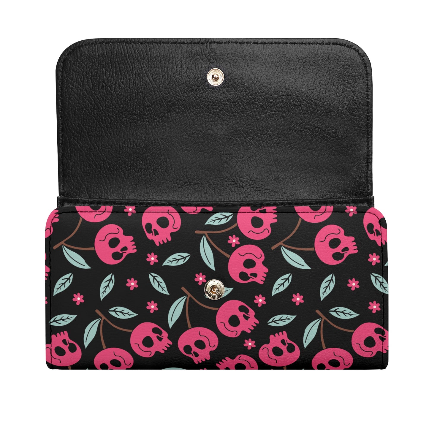 Cherry Skulls Trifold Leather Clutch Wallet