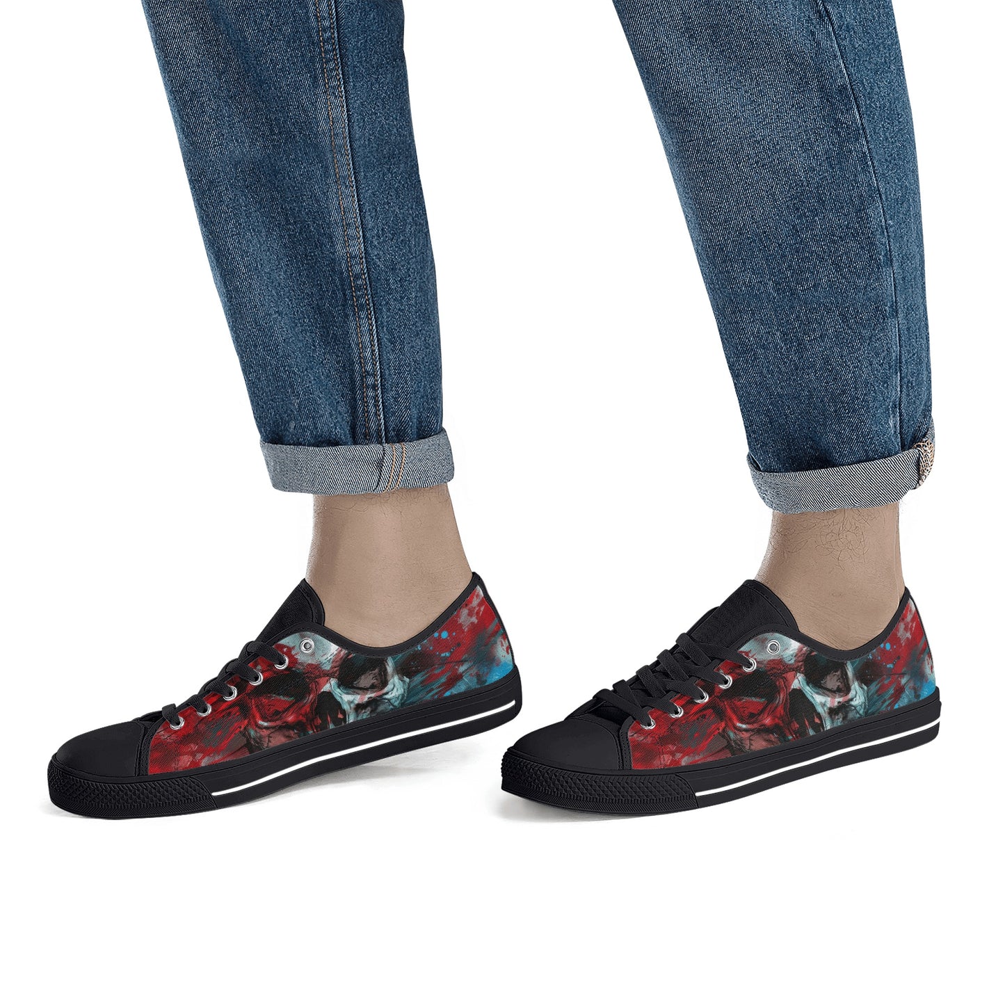 Paint Splatter Skull Mens Rubber Low Top Canvas Shoes