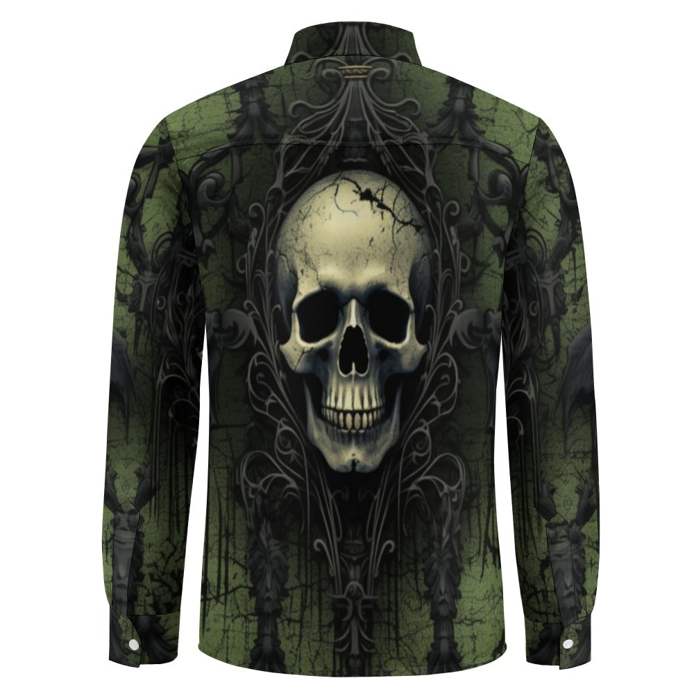 Gothic Green Skull Casual One Pocket Long Sleeve Shirt